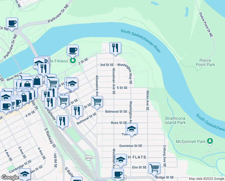 map of restaurants, bars, coffee shops, grocery stores, and more near 975 5 Street Southeast in Medicine Hat