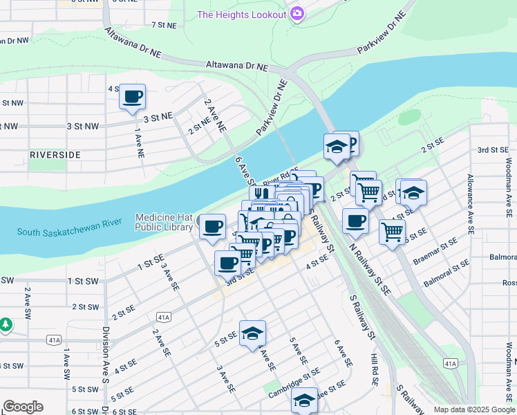 map of restaurants, bars, coffee shops, grocery stores, and more near 522 1 Street Southeast in Medicine Hat