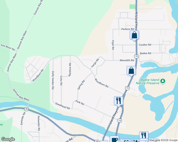 map of restaurants, bars, coffee shops, grocery stores, and more near 2580 Spring Road in Campbell River