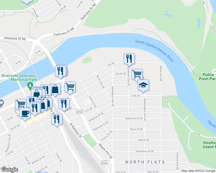 map of restaurants, bars, coffee shops, grocery stores, and more near 822 4 Street Southeast in Medicine Hat