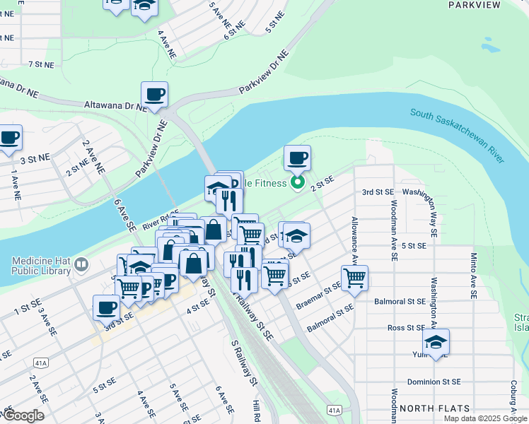 map of restaurants, bars, coffee shops, grocery stores, and more near 874 2 St in Medicine Hat