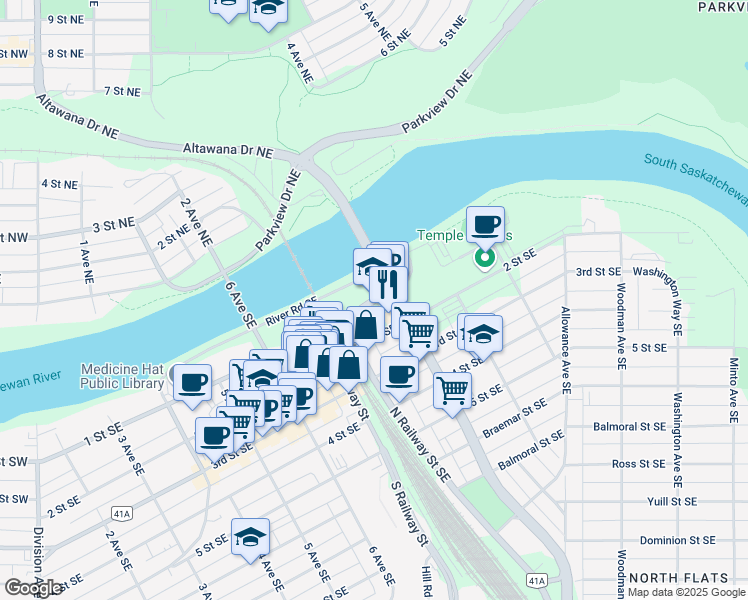 map of restaurants, bars, coffee shops, grocery stores, and more near 770 1 Street Southeast in Medicine Hat