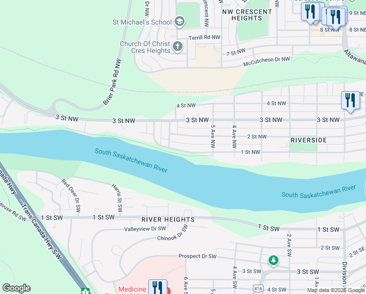 map of restaurants, bars, coffee shops, grocery stores, and more near 574 1 Street Northwest in Medicine Hat