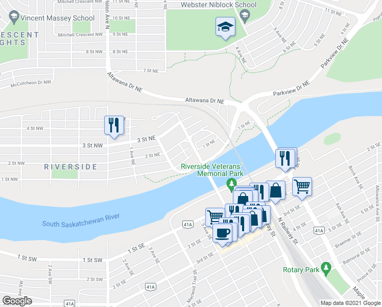 map of restaurants, bars, coffee shops, grocery stores, and more near 143 1A Avenue Northeast in Medicine Hat