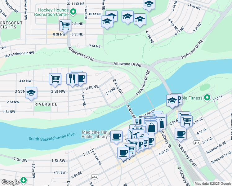 map of restaurants, bars, coffee shops, grocery stores, and more near 143 1A Avenue Northeast in Medicine Hat