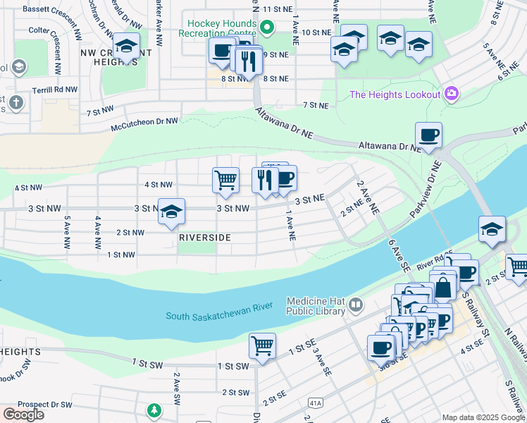 map of restaurants, bars, coffee shops, grocery stores, and more near 13 3 Street Northeast in Medicine Hat