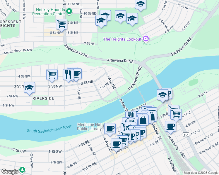 map of restaurants, bars, coffee shops, grocery stores, and more near 143 1A Avenue Northeast in Medicine Hat