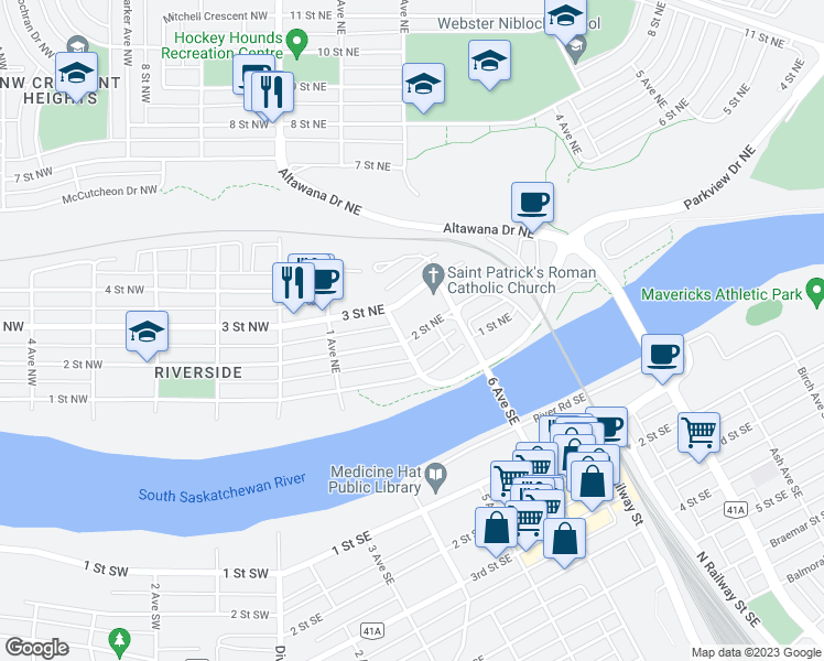 map of restaurants, bars, coffee shops, grocery stores, and more near 130 2 Street Northeast in Medicine Hat