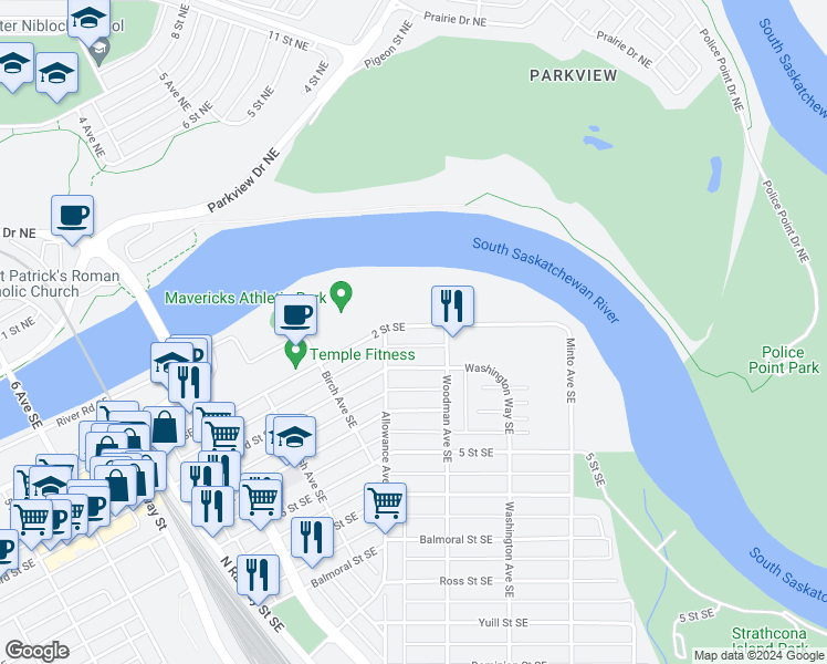 map of restaurants, bars, coffee shops, grocery stores, and more near 939 2 Street Southeast in Medicine Hat