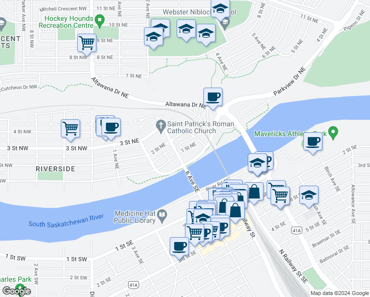 map of restaurants, bars, coffee shops, grocery stores, and more near 220 1 Street Northeast in Medicine Hat