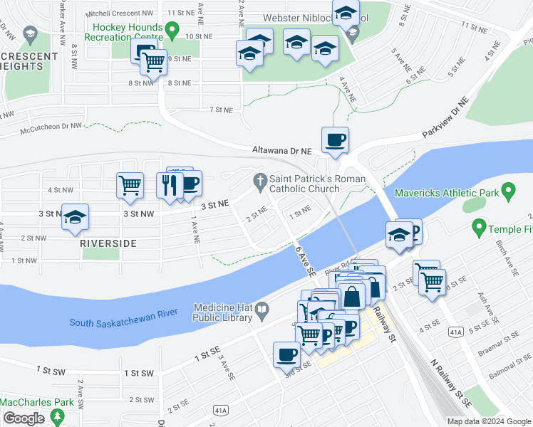 map of restaurants, bars, coffee shops, grocery stores, and more near 159 2 Street Northeast in Medicine Hat