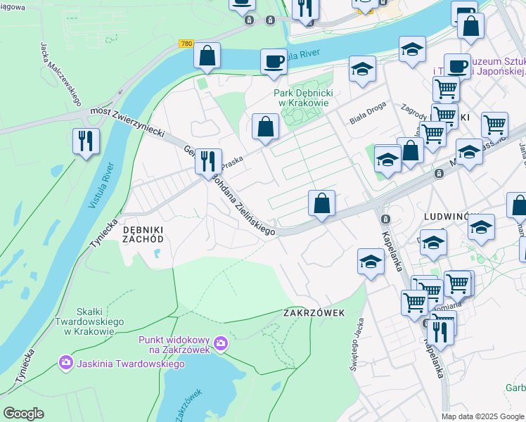 map of restaurants, bars, coffee shops, grocery stores, and more near 22 Generała Bohdana Zielińskiego in Kraków