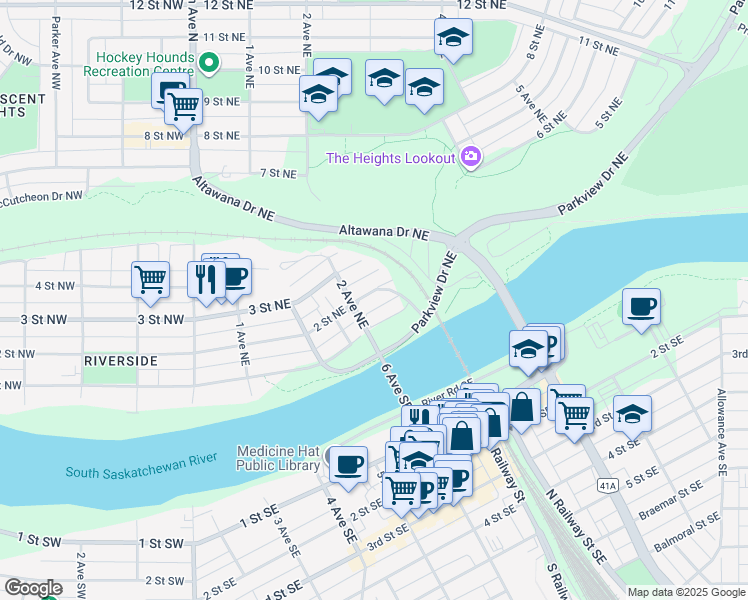 map of restaurants, bars, coffee shops, grocery stores, and more near 229 2 Street Northeast in Medicine Hat