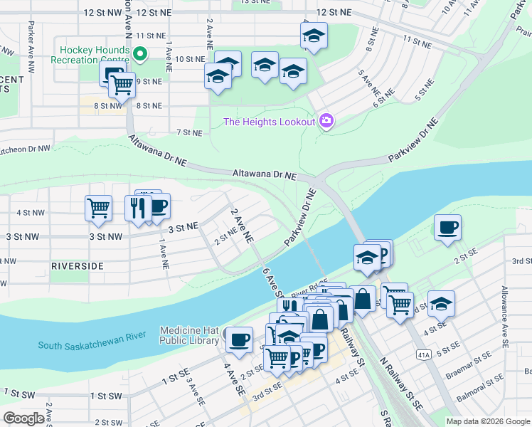 map of restaurants, bars, coffee shops, grocery stores, and more near 262 3 Avenue Northeast in Medicine Hat