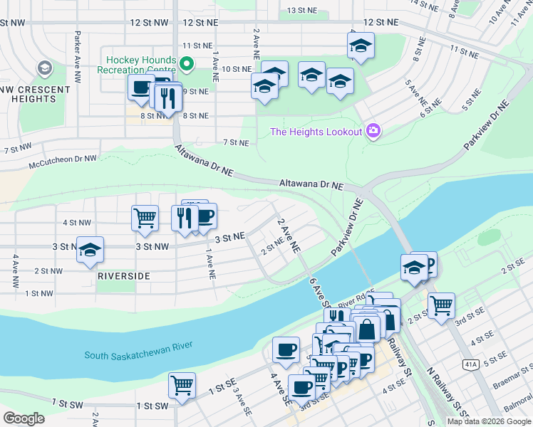 map of restaurants, bars, coffee shops, grocery stores, and more near 125 4 Street Northeast in Medicine Hat