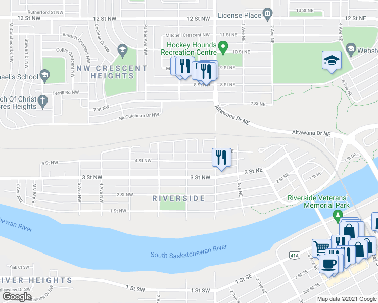 map of restaurants, bars, coffee shops, grocery stores, and more near 423 1 Avenue Northwest in Medicine Hat
