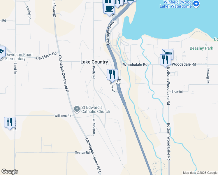 map of restaurants, bars, coffee shops, grocery stores, and more near 2903 Robinson Road in Lake Country
