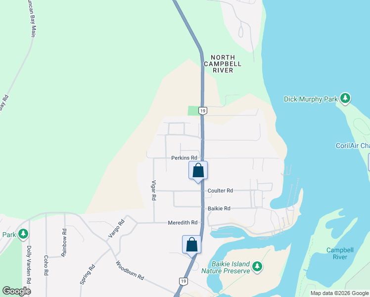 map of restaurants, bars, coffee shops, grocery stores, and more near 1800 Perkins Road in Campbell River