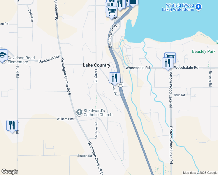 map of restaurants, bars, coffee shops, grocery stores, and more near 2903 Robinson Road in Lake Country