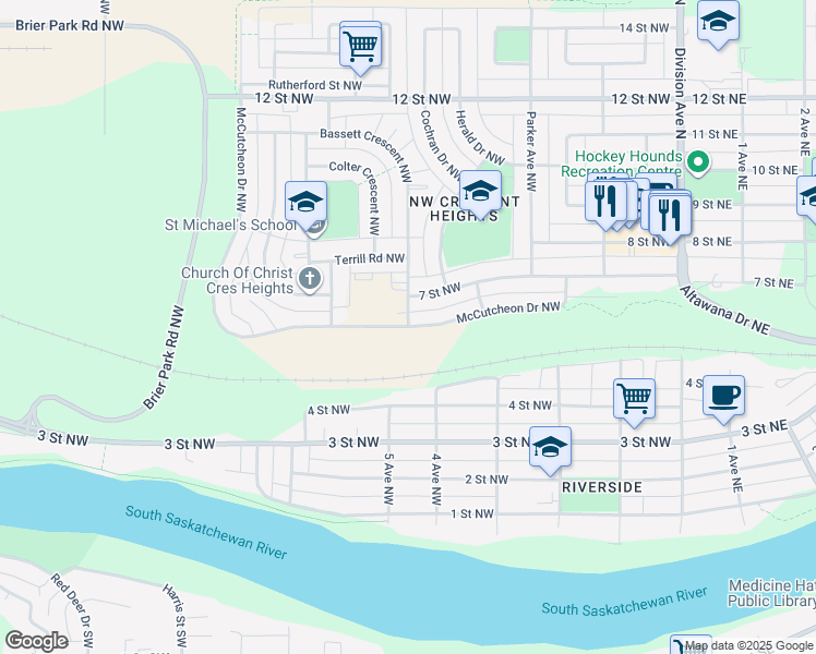 map of restaurants, bars, coffee shops, grocery stores, and more near McCutcheon Drive Northwest in Medicine Hat