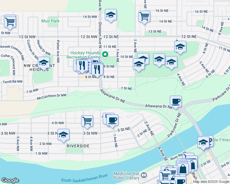 map of restaurants, bars, coffee shops, grocery stores, and more near 29 7 Street Northeast in Medicine Hat