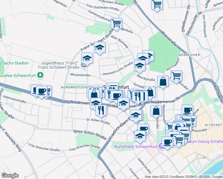 map of restaurants, bars, coffee shops, grocery stores, and more near in Schweinfurt
