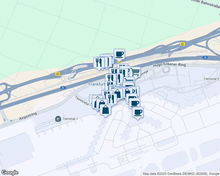 map of restaurants, bars, coffee shops, grocery stores, and more near Hugo-Eckener-Ring in Frankfurt am Main
