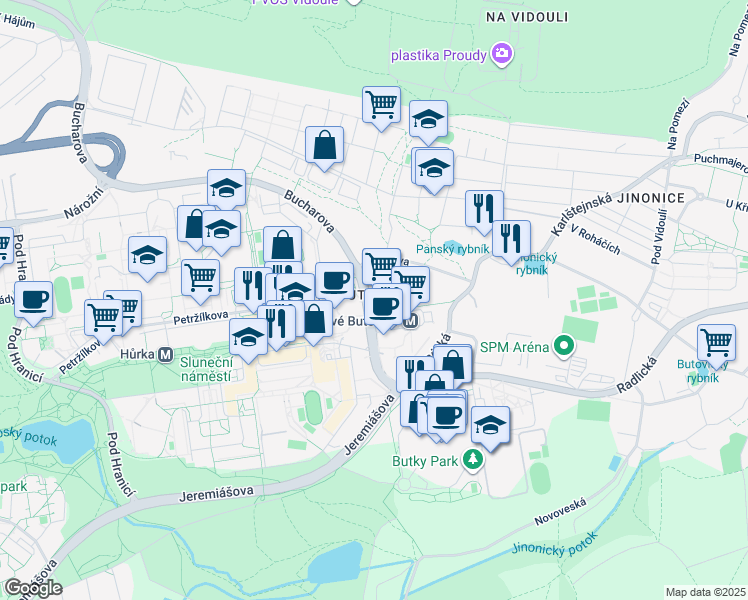 map of restaurants, bars, coffee shops, grocery stores, and more near 14 Bucharova in Hlavní město Praha