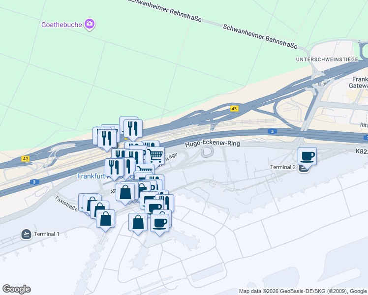 map of restaurants, bars, coffee shops, grocery stores, and more near Hugo-Eckener-Ring in Frankfurt am Main