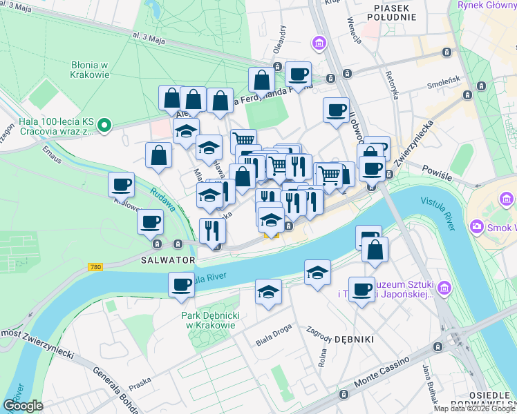 map of restaurants, bars, coffee shops, grocery stores, and more near in Kraków