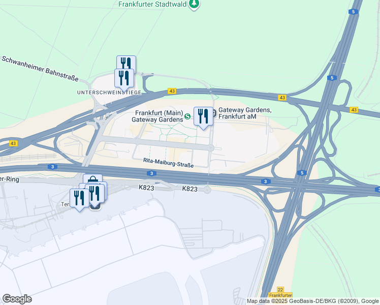 map of restaurants, bars, coffee shops, grocery stores, and more near 5 Amelia-Mary-Earhart-Straße in Frankfurt am Main