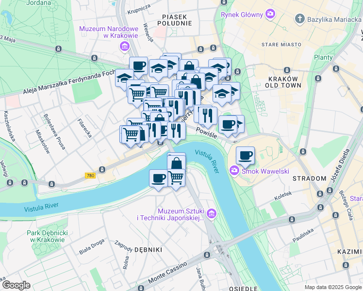 map of restaurants, bars, coffee shops, grocery stores, and more near 81 bulwar Czerwieński in Kraków