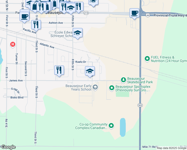 map of restaurants, bars, coffee shops, grocery stores, and more near 136 Joyce Street in Beausejour