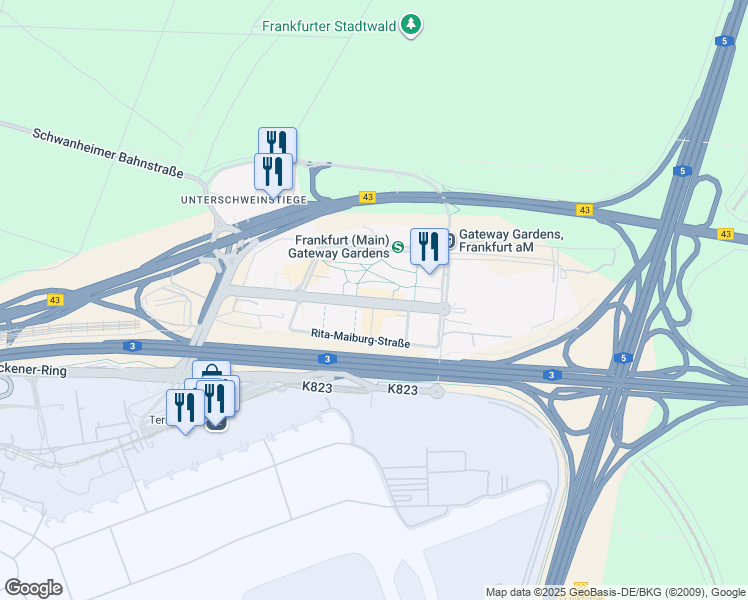 map of restaurants, bars, coffee shops, grocery stores, and more near 5 Amelia-Mary-Earhart-Straße in Frankfurt am Main