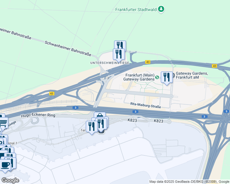 map of restaurants, bars, coffee shops, grocery stores, and more near Thea-Rasche-Straße in Frankfurt am Main