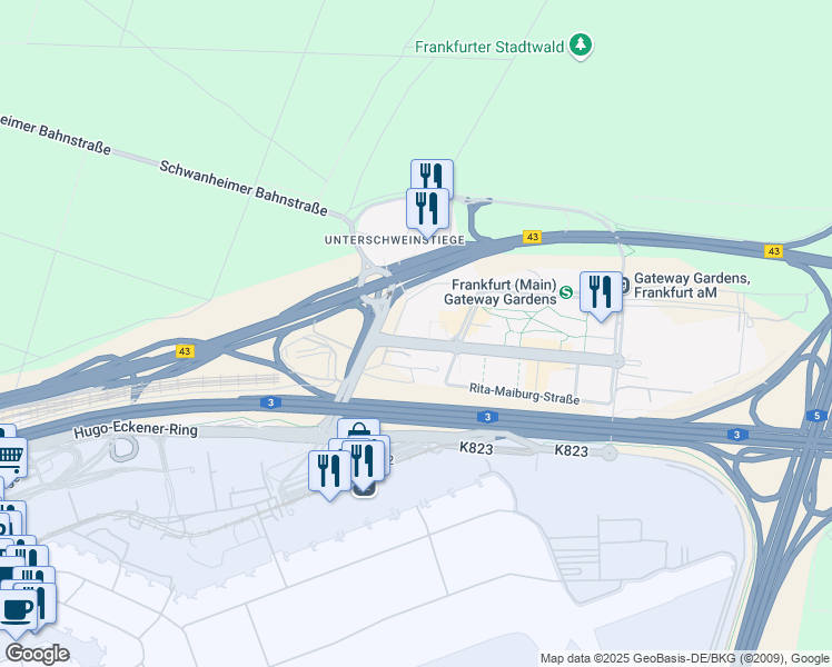 map of restaurants, bars, coffee shops, grocery stores, and more near 6 Thea-Rasche-Straße in Frankfurt am Main