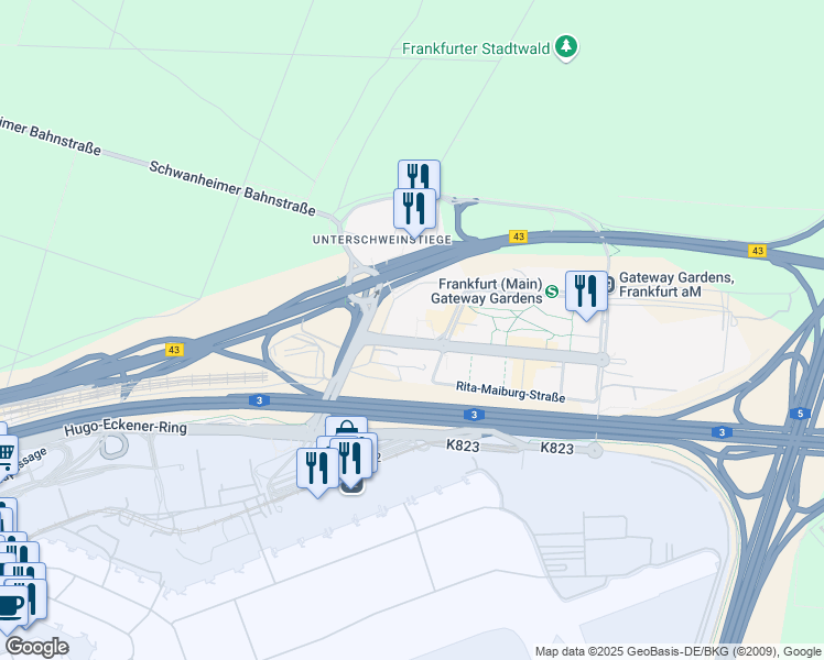 map of restaurants, bars, coffee shops, grocery stores, and more near 6 Thea-Rasche-Straße in Frankfurt am Main