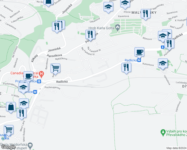 map of restaurants, bars, coffee shops, grocery stores, and more near Radlická in Hlavní město Praha