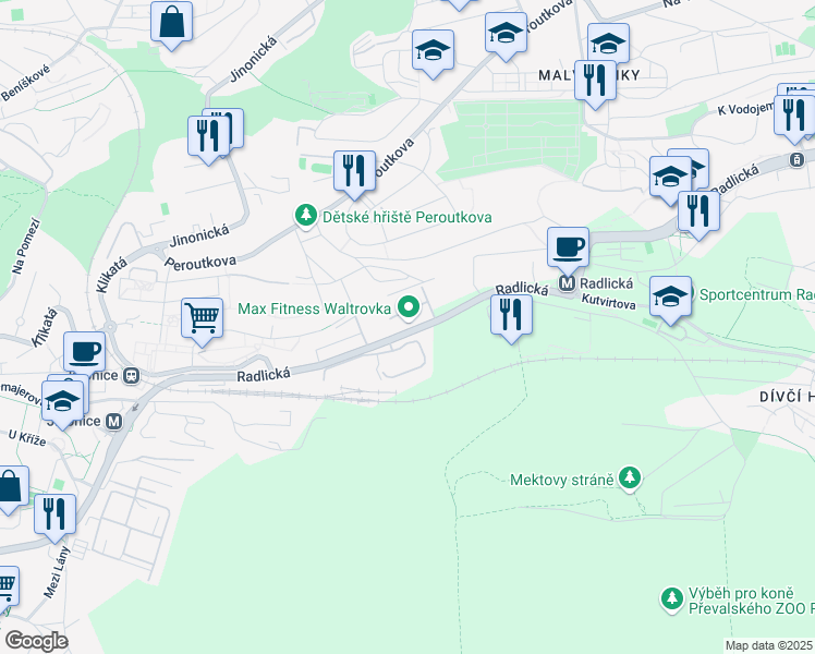map of restaurants, bars, coffee shops, grocery stores, and more near Radlická in Hlavní město Praha