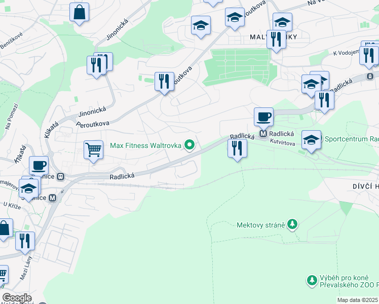 map of restaurants, bars, coffee shops, grocery stores, and more near Radlická in Hlavní město Praha