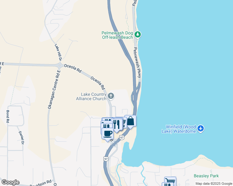 map of restaurants, bars, coffee shops, grocery stores, and more near 12075 Oceola Road in Lake Country