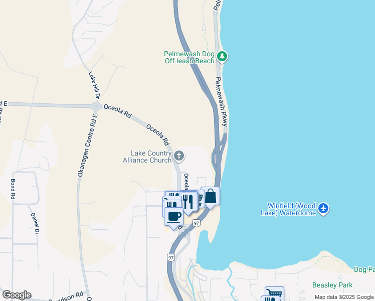 map of restaurants, bars, coffee shops, grocery stores, and more near 12075 Oceola Road in Lake Country