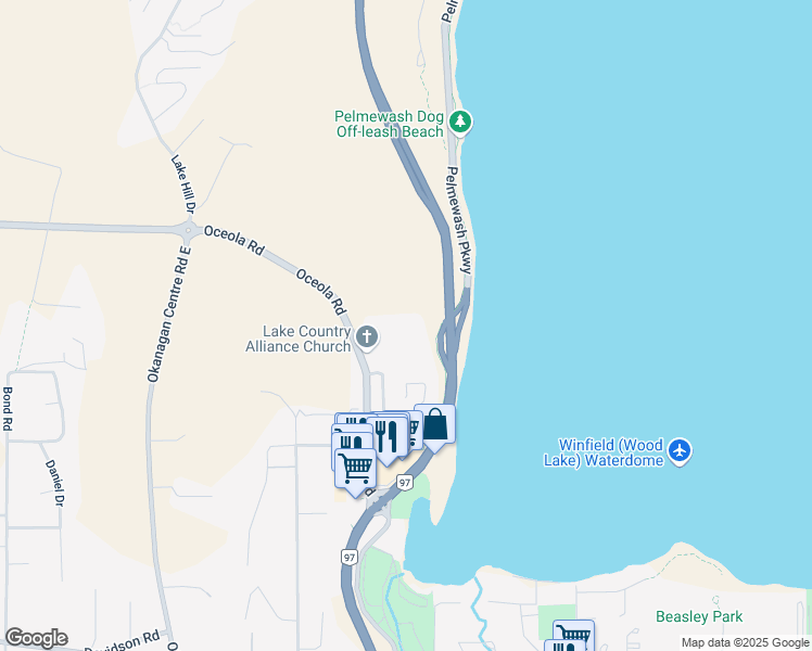 map of restaurants, bars, coffee shops, grocery stores, and more near 12075 Oceola Road in Lake Country