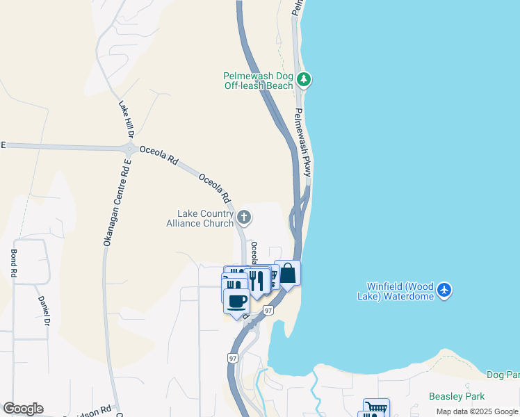 map of restaurants, bars, coffee shops, grocery stores, and more near 12075 Oceola Road in Lake Country