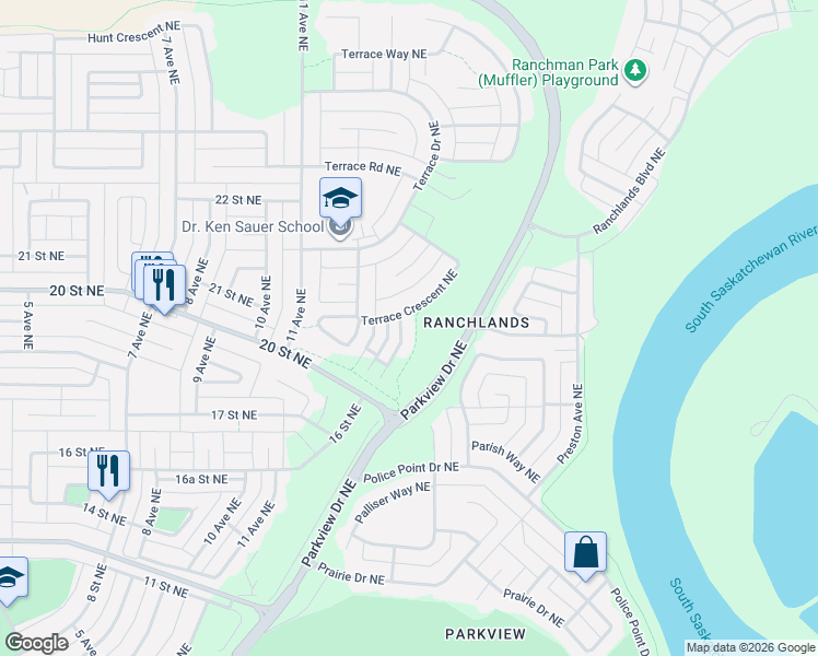 map of restaurants, bars, coffee shops, grocery stores, and more near 75 Terrace Crescent Northeast in Medicine Hat