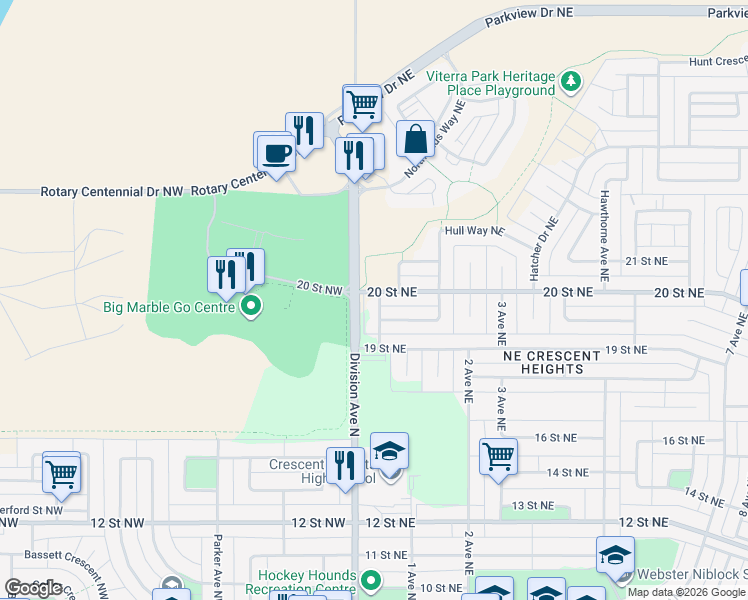 map of restaurants, bars, coffee shops, grocery stores, and more near 1944 1 Avenue Northeast in Medicine Hat
