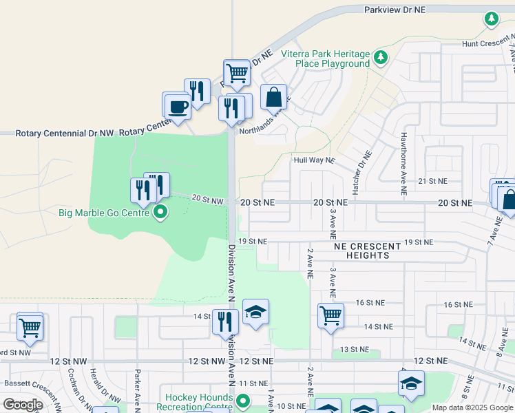 map of restaurants, bars, coffee shops, grocery stores, and more near 115 20 Street Northeast in Medicine Hat