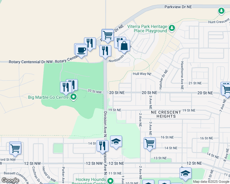 map of restaurants, bars, coffee shops, grocery stores, and more near 115 20 Street Northeast in Medicine Hat