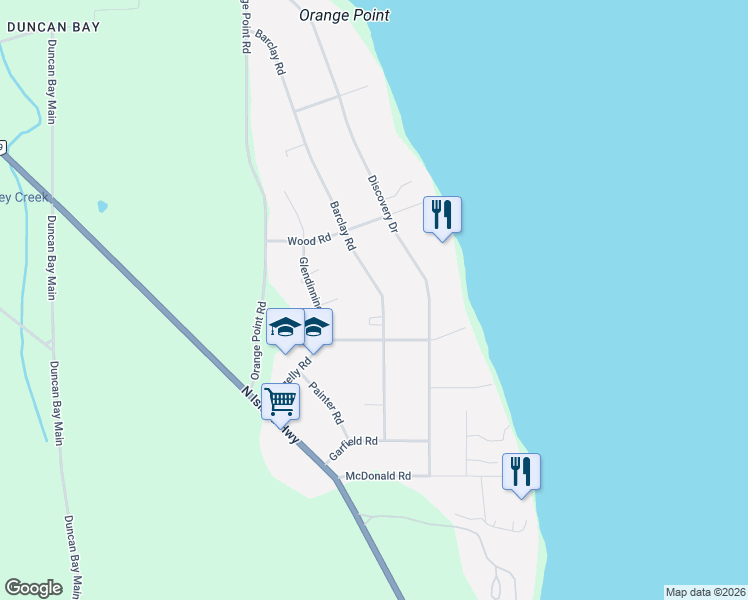 map of restaurants, bars, coffee shops, grocery stores, and more near 4068 Barclay Road in Campbell River