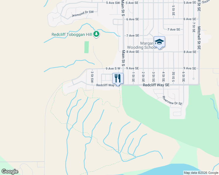 map of restaurants, bars, coffee shops, grocery stores, and more near 114 Redcliff Way Southwest in Redcliff